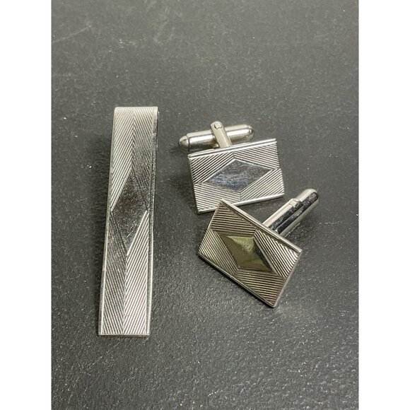 Vintage Silver Tone Tie Clip & Cufflinks Set - Picture 1 of 2